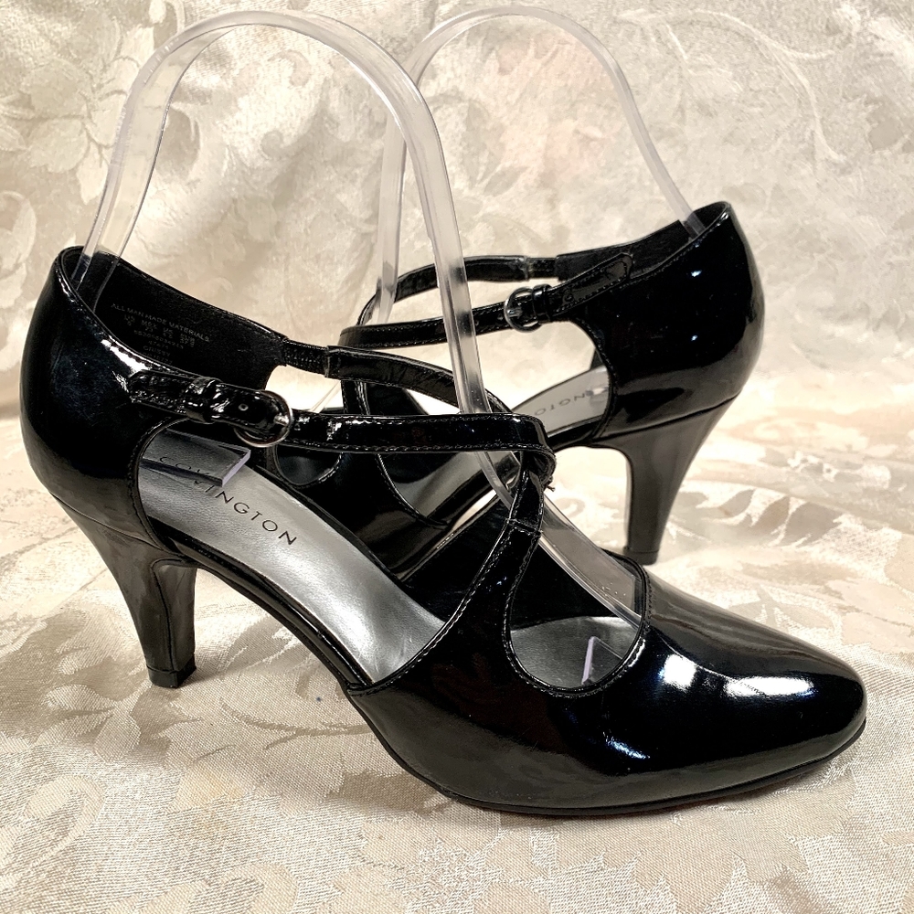 Covington Black Patent Leather Cross strap Pumps